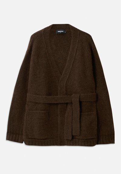 Brown knitted cardigan with a V-neck, long sleeves, two front pockets, and a matching belt at the waist. Textured, soft fabric.