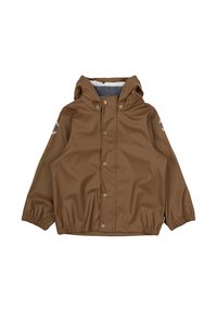 Bruine waterdichte jas met een capuchon, elastische manchetten en drukknopen. Heeft een grijze voering en witte logo-accenten op de mouwen.