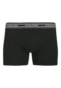Zwarte boxershorts gemaakt van zachte stof met een zwart-grijze elastische tailleband waarop "JACK & JONES" staat. De voorkant heeft een gevormd zakje.
