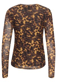 Langärmliges Oberteil aus einem durchsichtigen, leichten Stoff mit einem braun-gelben Leopardenmuster. Weiche Textur mit rundem Ausschnitt.