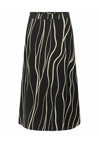 Jupe midi noire en tissu texturé, avec des rayures ondulées crème. Design taille haute avec une ceinture lisse et une forme évasée.