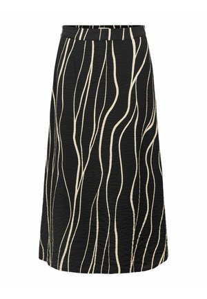 Černá midi sukně s texturovanou tkaninou, zdobená krémovými vlnitými pruhy. Vysoký pas s hladkým pasem a rozevlátým tvarem.