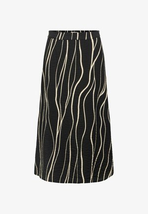 Črna midi krila z teksturirano tkanino, ki ima smetanove valovite proge. Visok pas z gladkim pasom in razširjenim krojem.