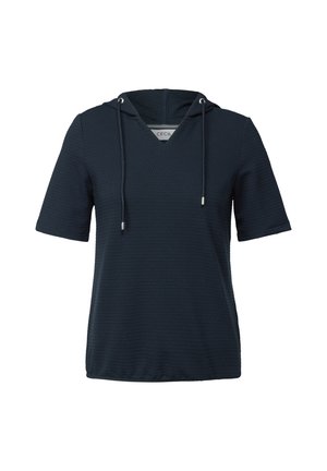 Sudadera de manga corta azul marino con un patrón texturizado, escote en forma de V y cordones ajustables. Etiquetada "CECIL" en el interior del cuello.