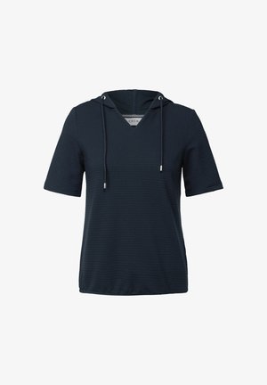 Navyblauwe hoodie met korte mouwen, een gestructureerd patroon, V-hals en verstelbare koorden. Gekend als "CECIL" aan de binnenkant van de kraag.