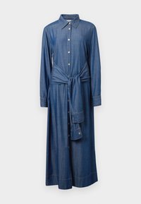 Φόρεμα από τζιν, με μακριά μανίκια, κουμπιά μπροστά, με ζώνη στη μέση, Α-γραμμή σιλουέτα, ανοιχτό μπλε πλύσιμο, κανονικό γιακά, μανίκια με μανσέτες.