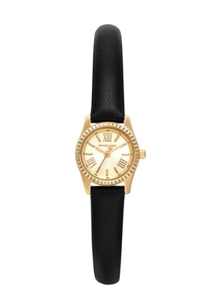 Gouden horloge met zwart leren bandje, ronde wijzerplaat, Romeinse cijfers en drie wijzers die 12:08:36 aangeven.