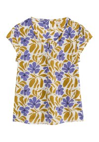 Bluză florală dintr-un material ușor. Are un fundal alb, cu frunze și flori în nuanțe de violet și galben. Mâneci tip cap-sleeve și decolteu rotund.