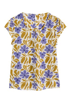 Ziedu blūze, kas izgatavota no viegla auduma. Ar baltu fona un purpursarkanām un dzeltenām lapām un ziediem. Ar īsām piedurknēm un apaļu kakla izgriezumu.