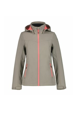 Softshell jacket in light gray with a pink zipper and interior. Features a hood, two side pockets, and a smooth texture.