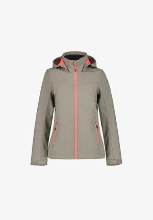 Giacca softshell grigio chiaro con zip rosa e interno rosa. Presenta un cappuccio, due tasche laterali e una texture liscia.