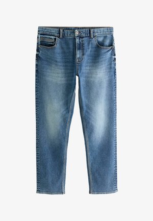 Blå denimjeans med rak passform, fem fickor, ljus blekning på benen och kontrasterande sömmar längs sömmarna.