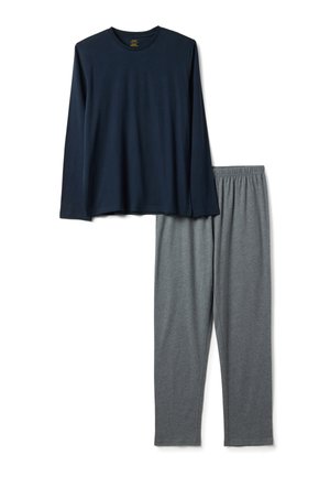 Haut bleu marine à manches longues associé à un pantalon gris à taille élastique, présenté à plat comme un ensemble décontracté pour la maison ou pour dormir.