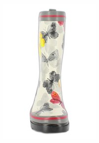 Witte regenlaarzen met kleurrijke vlinder- en bloemenpatronen. Ze hebben een ronde neus, een grijze bovenkant, een rode streep en een gestructureerde zwarte zool.