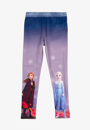 Leggings with a gradient design from blue to purple, featuring character graphics of two female figures and snowflake patterns. Stretchy fabric.