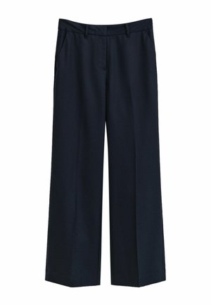 Navy blue wide-leg trousers with belt loops, front pockets, and a flat front design.