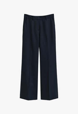 Navyblaue weit geschnittene Hose mit Gürtelschlaufen, seitlichen Taschen und flacher Frontgestaltung.