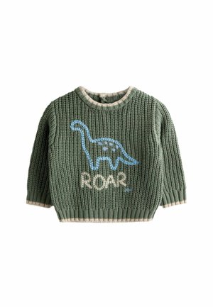 Zelený pletený sveter pre batoľa s modrým dinosaurom a slovom "ROAR" veľkými písmenami na prednej strane, béžová lemovka na golieri, manžetách a spodnom leme.