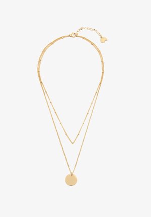 Zarte goldene doppellagige Halskette mit kleinen Perlendetails an der kürzeren Kette und rundem Anhänger an der längeren Kette mit verstellbarem Verschluss.