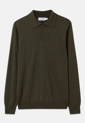 Long-sleeve polo shirt in dark olive green, made of soft fabric. Features a classic collar, three-button placket, and ribbed cuffs.
