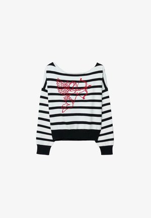 Črno-beli pulover s črtami in dolgimi rokavi, z rdečo silhueto krilatega kupida, ki na sprednji strani cilja z lokom in puščico.