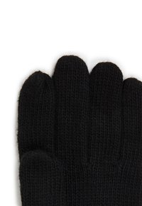 Luvas de malha pretas com cinco dedos, superfície texturizada e um ajuste confortável. Feitas de um tecido suave e quente, ideais para o tempo frio.