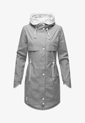 Helle graue Regenjacke mit Kapuze mit Kordelzug, Druckknopfverschluss, zwei Fronttaschen und elastischen Taillenverstellern. Das Innenfutter hat ein gestreiftes Muster.