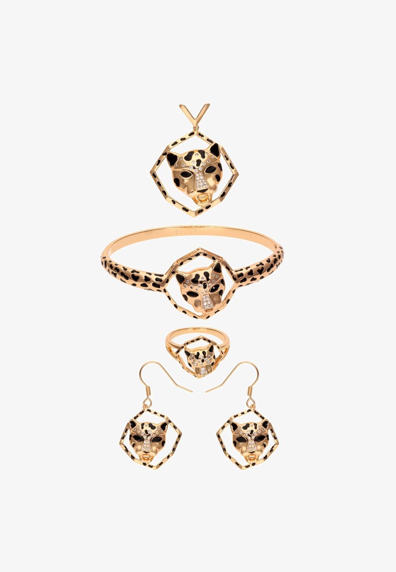 Zlatý šperkový set s motivem hlav leopardů. Obsahuje náušnice, náramek a prsten se černými skvrnami a akcenty z rhinestone.