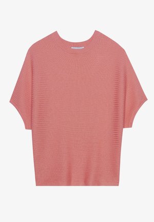 Pink short-sleeve sweater with a ribbed texture, crew neck, and loose-fitting design. Lightweight fabric with a soft finish.