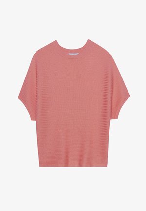 Lyserød kortærmet sweater med ribbet tekstur, rund hals og løs pasform. Letvægtsstof med en blød overflade.