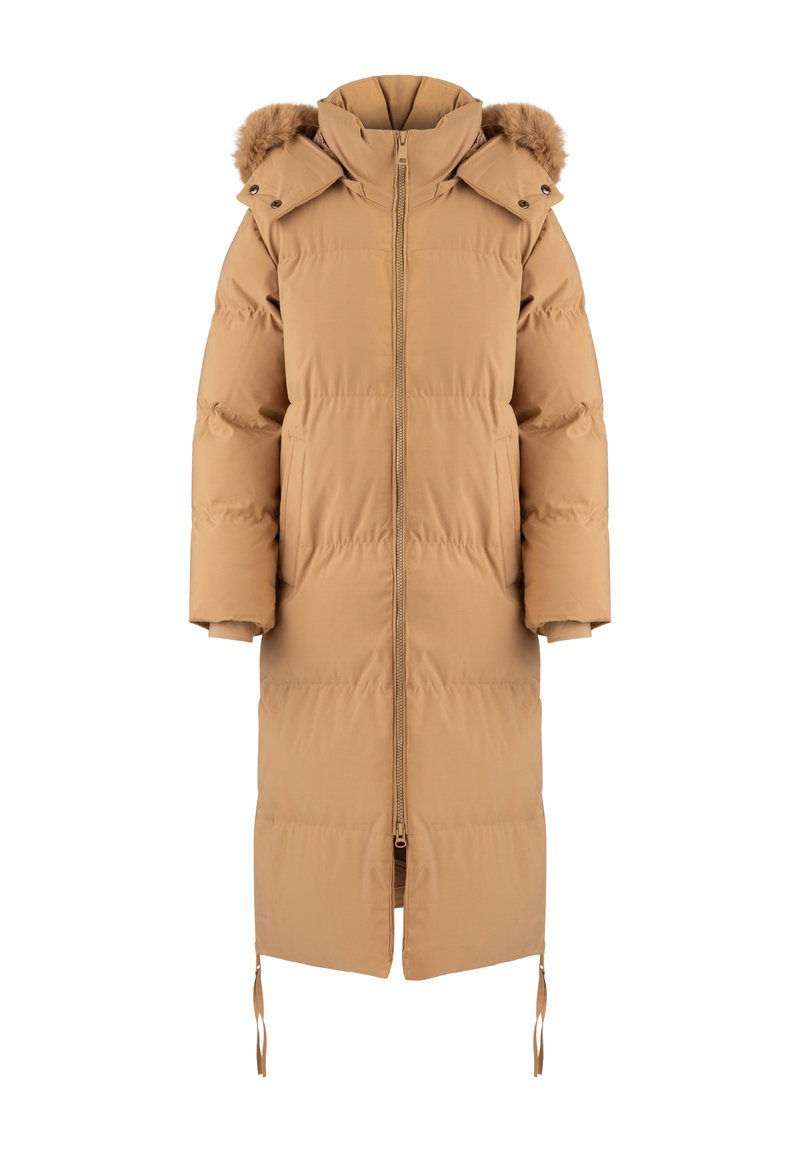 Langer, beigefarbener Puffer-Mantel mit Zip-Vorderseite, gepolstertem Design, Seitentaschen und einer abnehmbaren Kapuze mit Fellbesatz. Verfügt über verstellbare Saumzüge.