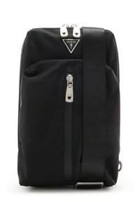 Borsa a spalla in nylon nero con due cerniere, una tracolla regolabile e un logo triangolare nella parte superiore. Texture liscia, design minimalista.