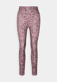 Leggings realizzati in tessuto elasticizzato con un motivo a pois rosa, viola e rosso; vita alta e texture liscia; design aderente.