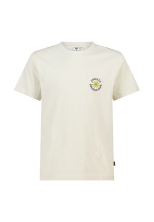 T-shirt à manches courtes couleur blanc cassé avec col rond et petit graphique de soleil jaune sur le côté gauche de la poitrine, texte "Endless Summer Club" encerclant le soleil.