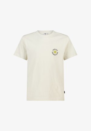 Off-white T-shirt met korte mouwen en ronde hals, met een kleine gele zon-afbeelding op de linkerborst, omringd door de tekst "Endless Summer Club".