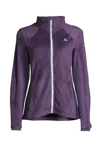 Giacca in pile con superficie texture viola, colletto alto e zip completa. Presenta maniche viola lisce e un accento di zip blu chiaro.