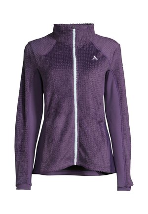 Fleecejacke mit einer lila strukturierten Oberfläche, hohem Kragen und durchgehendem Reißverschluss. Mit glatten lila Ärmeln und einem hellblauen Reißverschlussakzent.