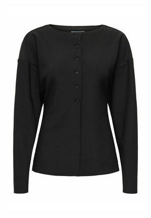 Cardigan noir à manches longues avec boutons, col rond et taille légèrement cintrée, présenté à plat sur un fond blanc.