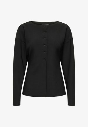 Cardigan noir à manches longues avec boutons, col rond et taille légèrement cintrée, présenté à plat sur un fond blanc.