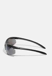 Black sports sunglasses with a wraparound design, grey lenses, and textured black temple arms for grip. Lightweight plastic material.