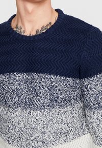 Donkerblauwe gebreide trui met een gestructureerd chevronpatroon, dat overgaat in lichtere tinten aan de onderkant, met een ronde halslijn.