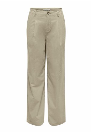 Pantalon beige taille haute à jambes droites avec passants de ceinture, fermeture par bouton, et plis sur le devant.