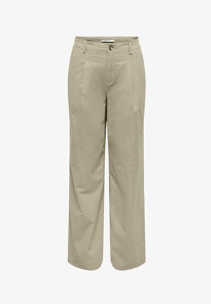 Beiget korkeavyötäröiset suorat housut, joissa on vyölenkit, nappikiinnitys ja etutaskut.