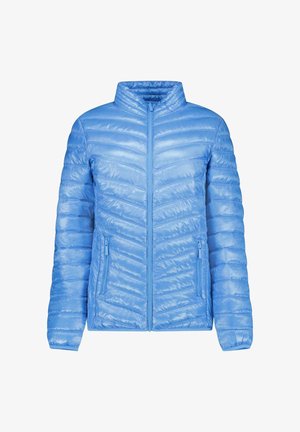 Lichtblauwe gewatteerde jas met ritssluiting aan de voorkant, opstaande kraag, ritszakken aan de zijkant en horizontaal stikpatroon.