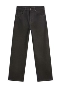 Czarne jeansy z denimu o prostym kroju nogawek, z pięcioma kieszeniami, zapięciem na metalowy guzik oraz detalami kontrastowego przeszycia.