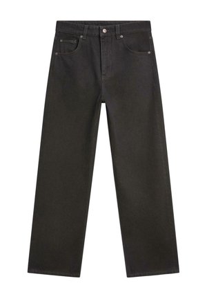 Czarne jeansy z denimu o prostym kroju nogawek, z pięcioma kieszeniami, zapięciem na metalowy guzik oraz detalami kontrastowego przeszycia.