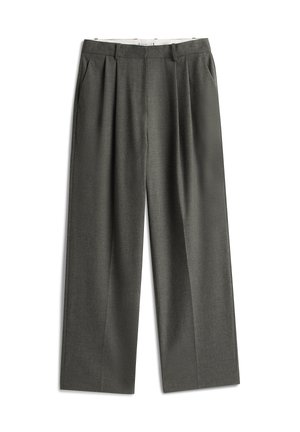Grau maßgeschneiderte Hose mit strukturiertem Gewebe, Falten an der Vorderseite und Seitentaschen. Weit geschnittenes Design verbessert den Komfort und die Beweglichkeit.