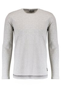 Felpa a maniche lunghe color grigio chiaro con scollo rotondo, realizzata in un tessuto a maglia testurizzata, con spacchi laterali all'orlo e un piccolo etichetta del marchio sul lato sinistro in basso.