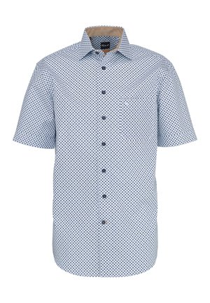 Camicia a maniche corte con bottoni, motivo a quadretti blu e bianchi e fodera interna del colletto beige.