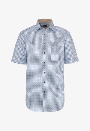 Chemise à manches courtes avec motif à carreaux bleu et blanc et doublure intérieure beige au col.